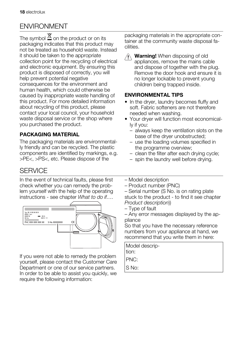 Environment, Service | Electrolux EDE1074PDW User Manual | Page 18 / 76