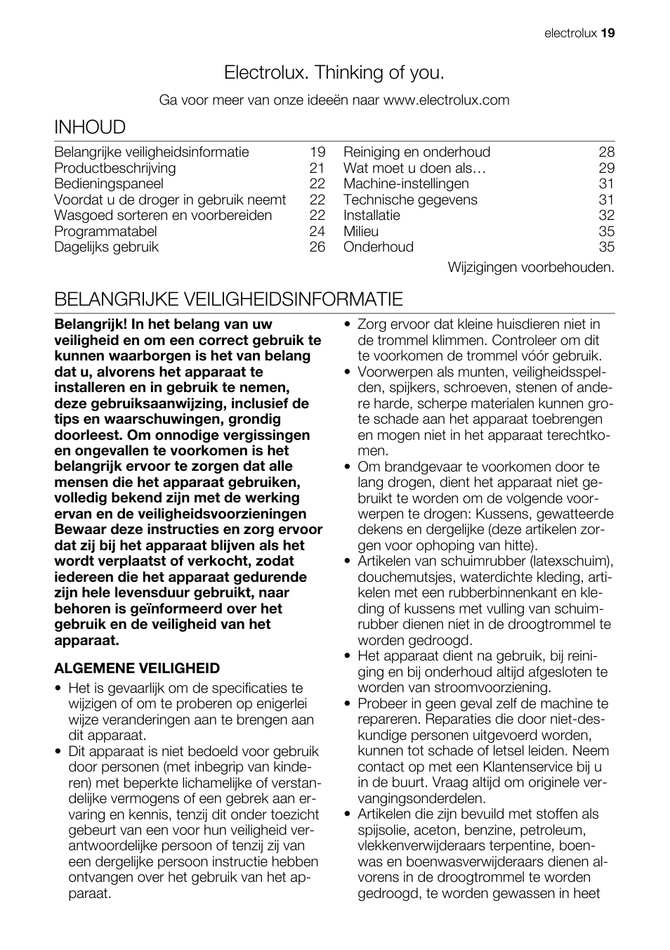 Electrolux. thinking of you, Inhoud, Belangrijke veiligheidsinformatie | Electrolux EDE1074PDW User Manual | Page 19 / 76