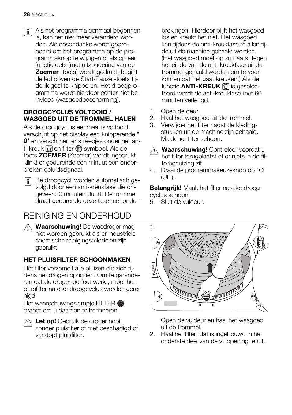 Reiniging en onderhoud | Electrolux EDE1074PDW User Manual | Page 28 / 76