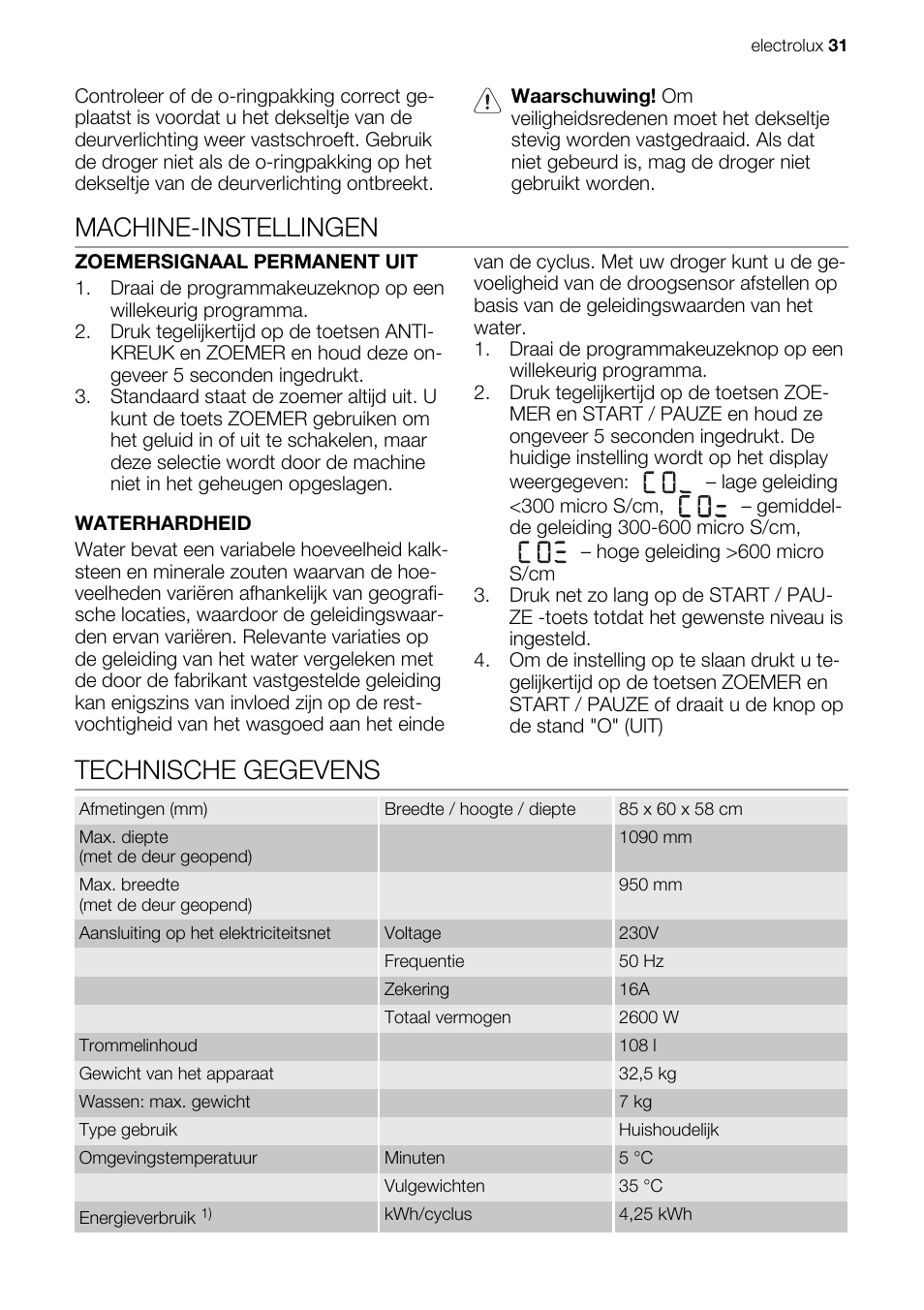 Machine-instellingen, Technische gegevens | Electrolux EDE1074PDW User Manual | Page 31 / 76