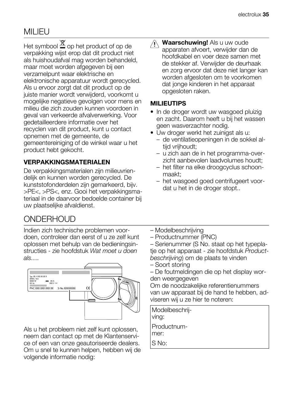 Milieu, Onderhoud | Electrolux EDE1074PDW User Manual | Page 35 / 76