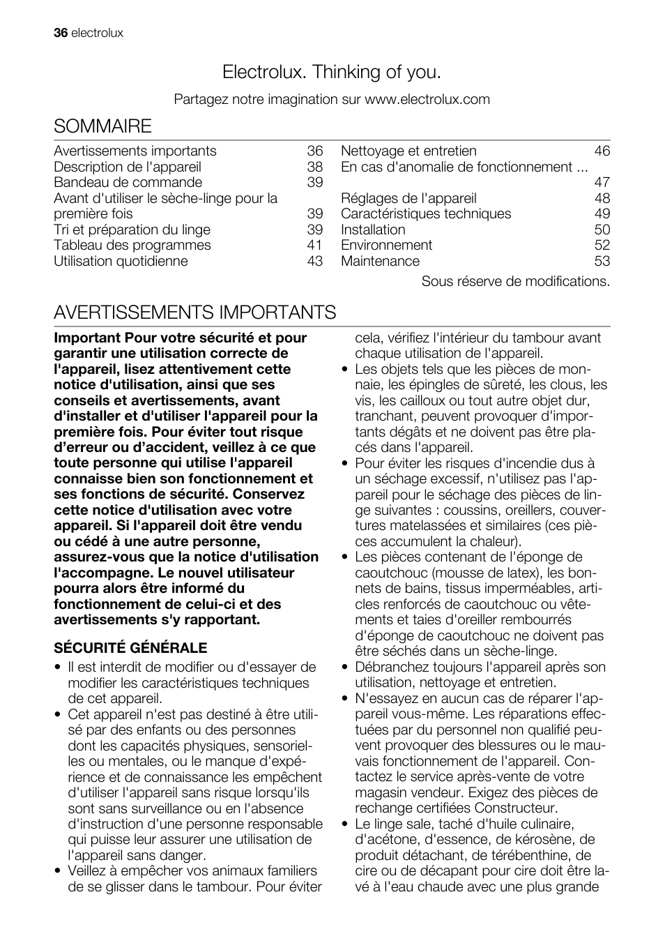 Electrolux. thinking of you, Sommaire, Avertissements importants | Electrolux EDE1074PDW User Manual | Page 36 / 76