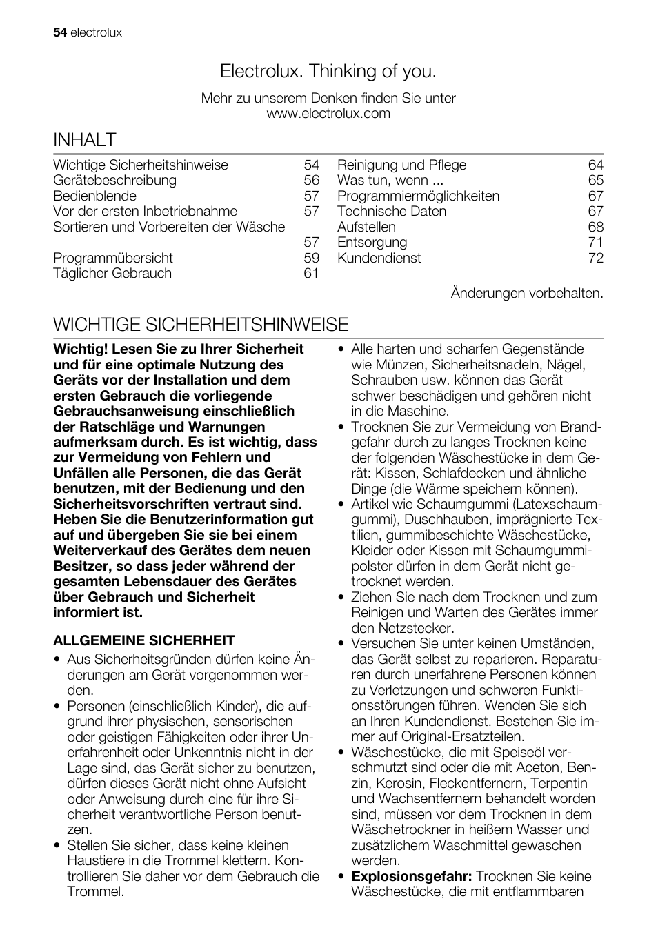 Electrolux. thinking of you, Inhalt, Wichtige sicherheitshinweise | Electrolux EDE1074PDW User Manual | Page 54 / 76