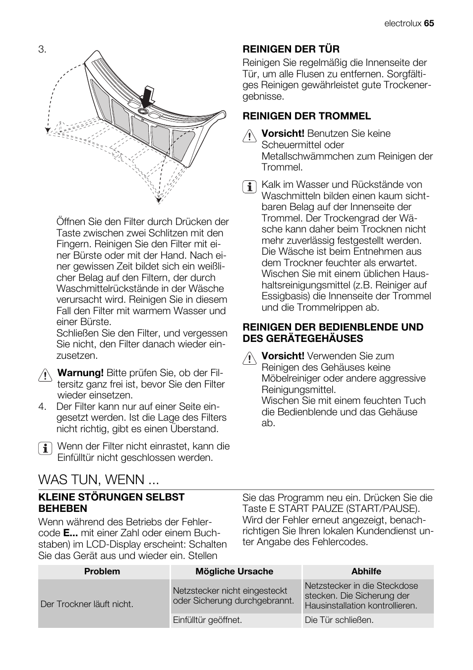 Was tun, wenn | Electrolux EDE1074PDW User Manual | Page 65 / 76