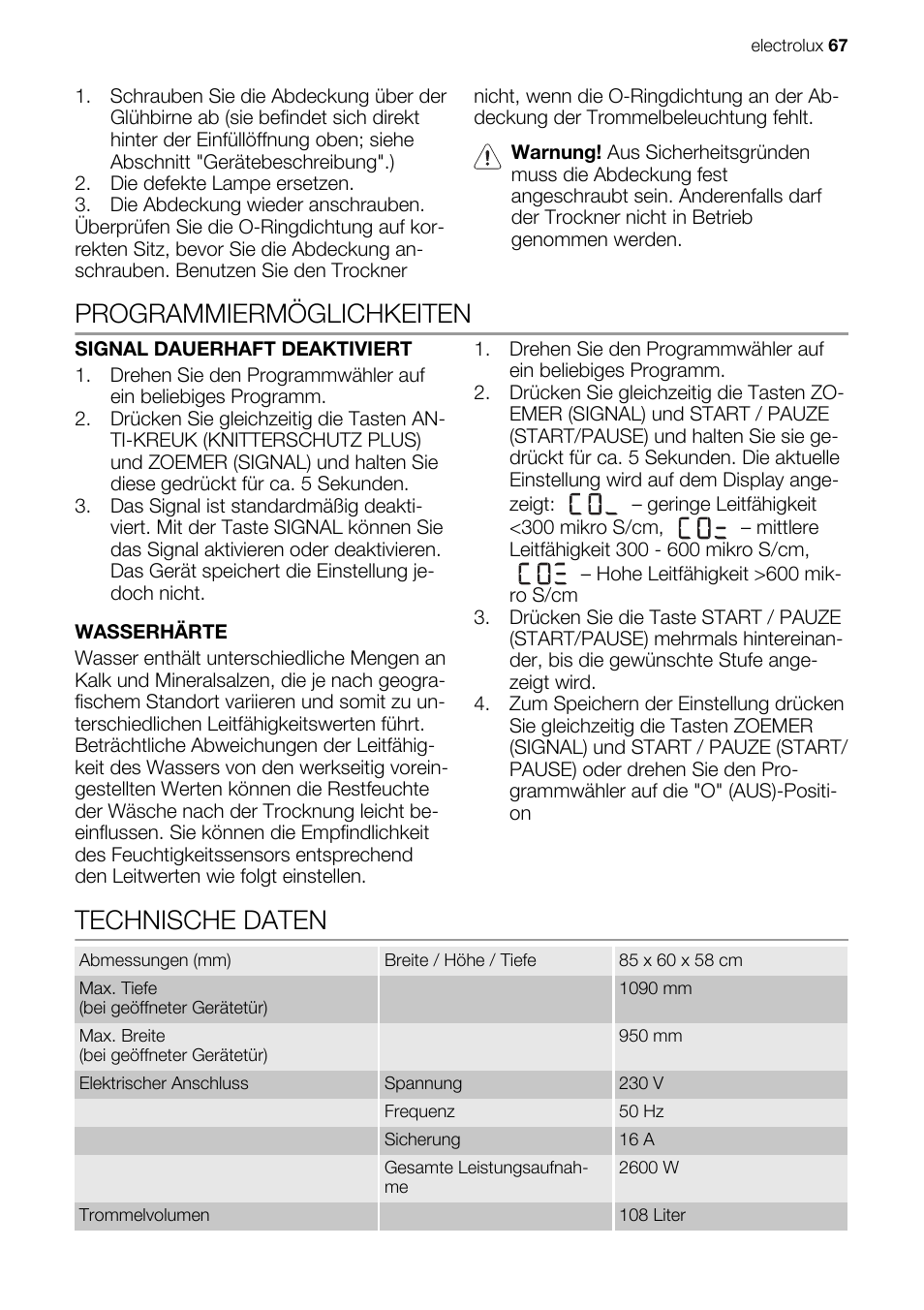 Programmiermöglichkeiten, Technische daten | Electrolux EDE1074PDW User Manual | Page 67 / 76