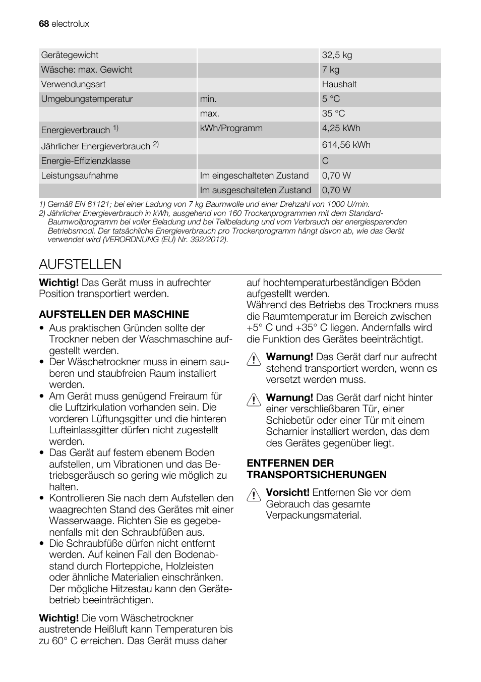 Aufstellen | Electrolux EDE1074PDW User Manual | Page 68 / 76