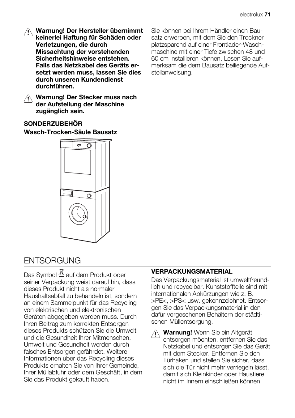 Entsorgung | Electrolux EDE1074PDW User Manual | Page 71 / 76