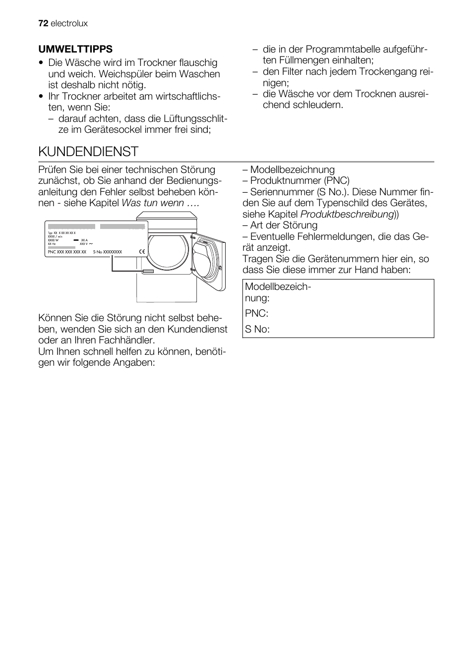 Kundendienst | Electrolux EDE1074PDW User Manual | Page 72 / 76