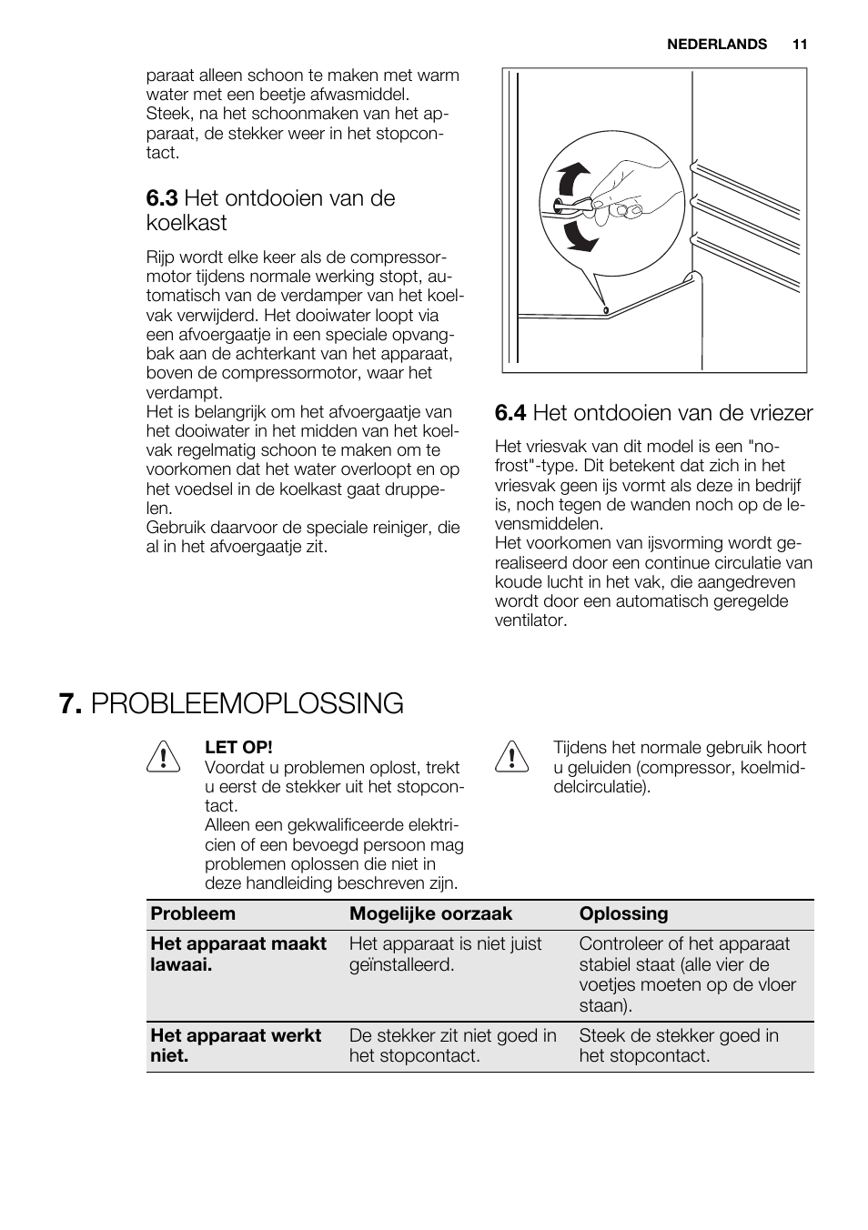 Probleemoplossing, 3 het ontdooien van de koelkast, 4 het ontdooien van de vriezer | Electrolux EN3450COW User Manual | Page 11 / 64