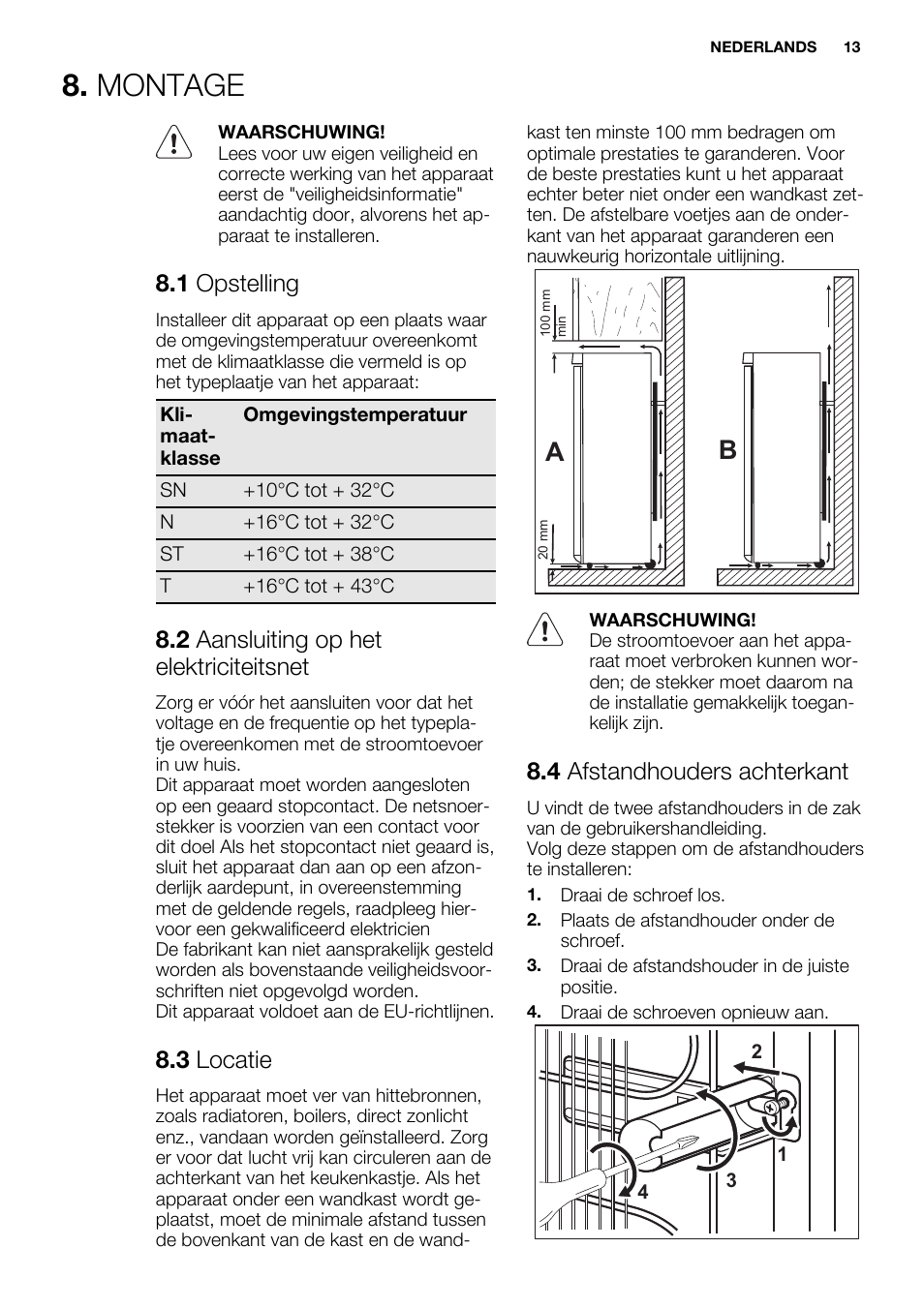 Montage, 1 opstelling, 2 aansluiting op het elektriciteitsnet | 3 locatie, 4 afstandhouders achterkant | Electrolux EN3450COW User Manual | Page 13 / 64