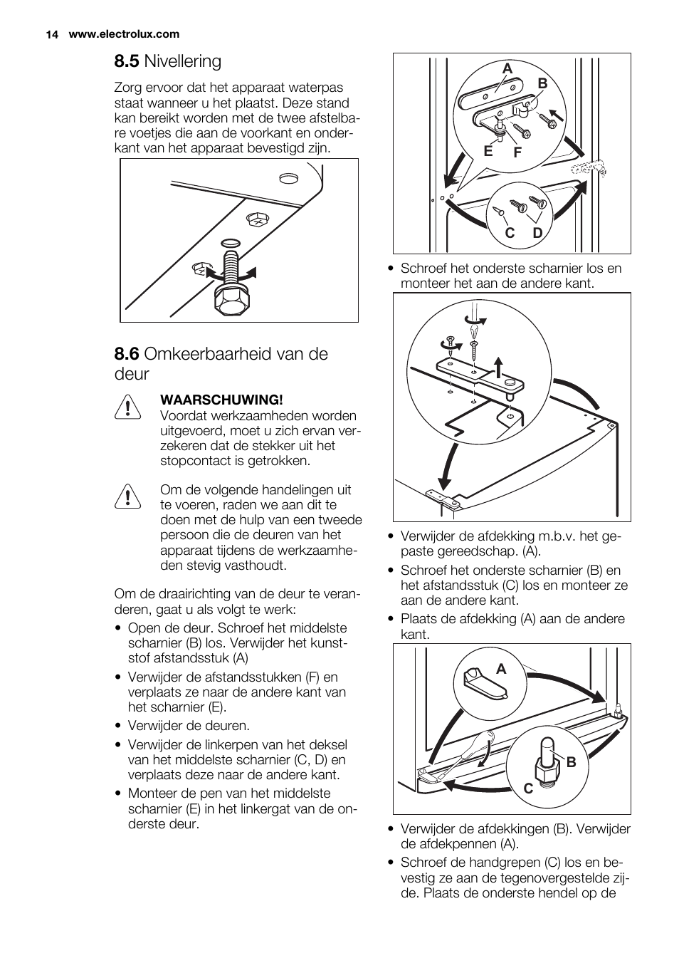 5 nivellering, 6 omkeerbaarheid van de deur | Electrolux EN3450COW User Manual | Page 14 / 64