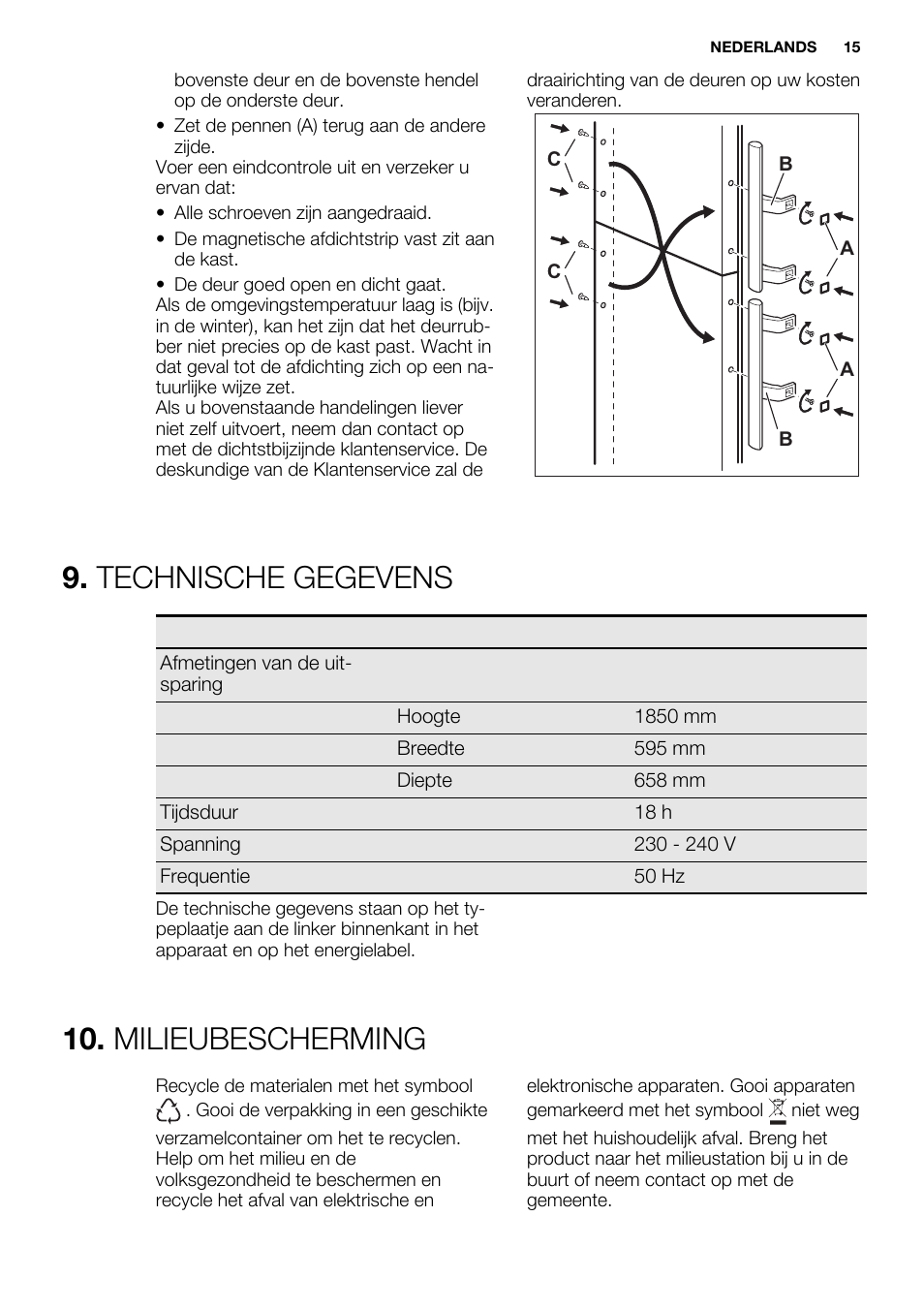 Technische gegevens, Milieubescherming | Electrolux EN3450COW User Manual | Page 15 / 64