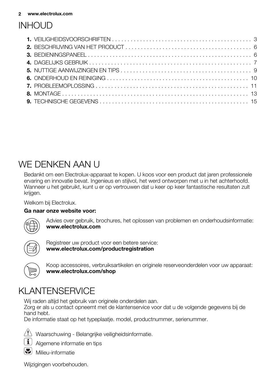 Inhoud, We denken aan u, Klantenservice | Electrolux EN3450COW User Manual | Page 2 / 64