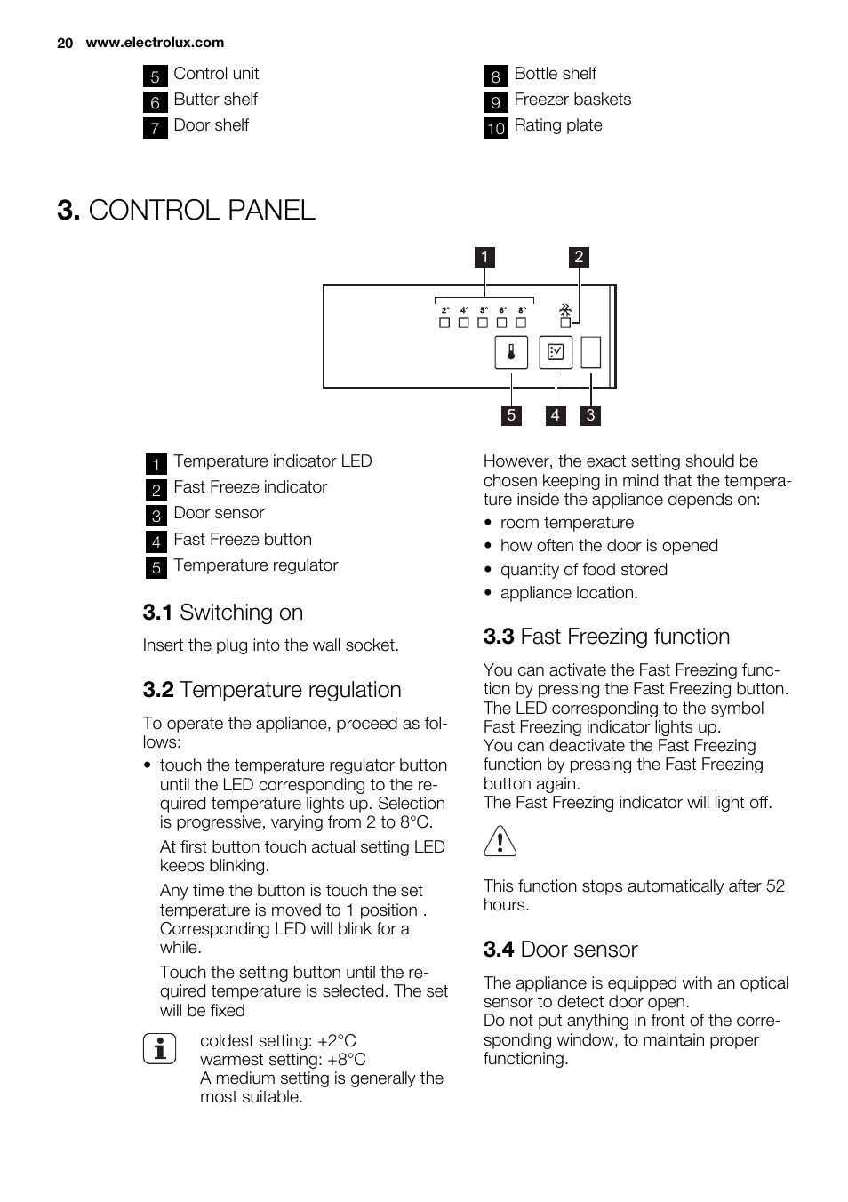 Control panel, 1 switching on, 2 temperature regulation | 3 fast freezing function, 4 door sensor | Electrolux EN3450COW User Manual | Page 20 / 64