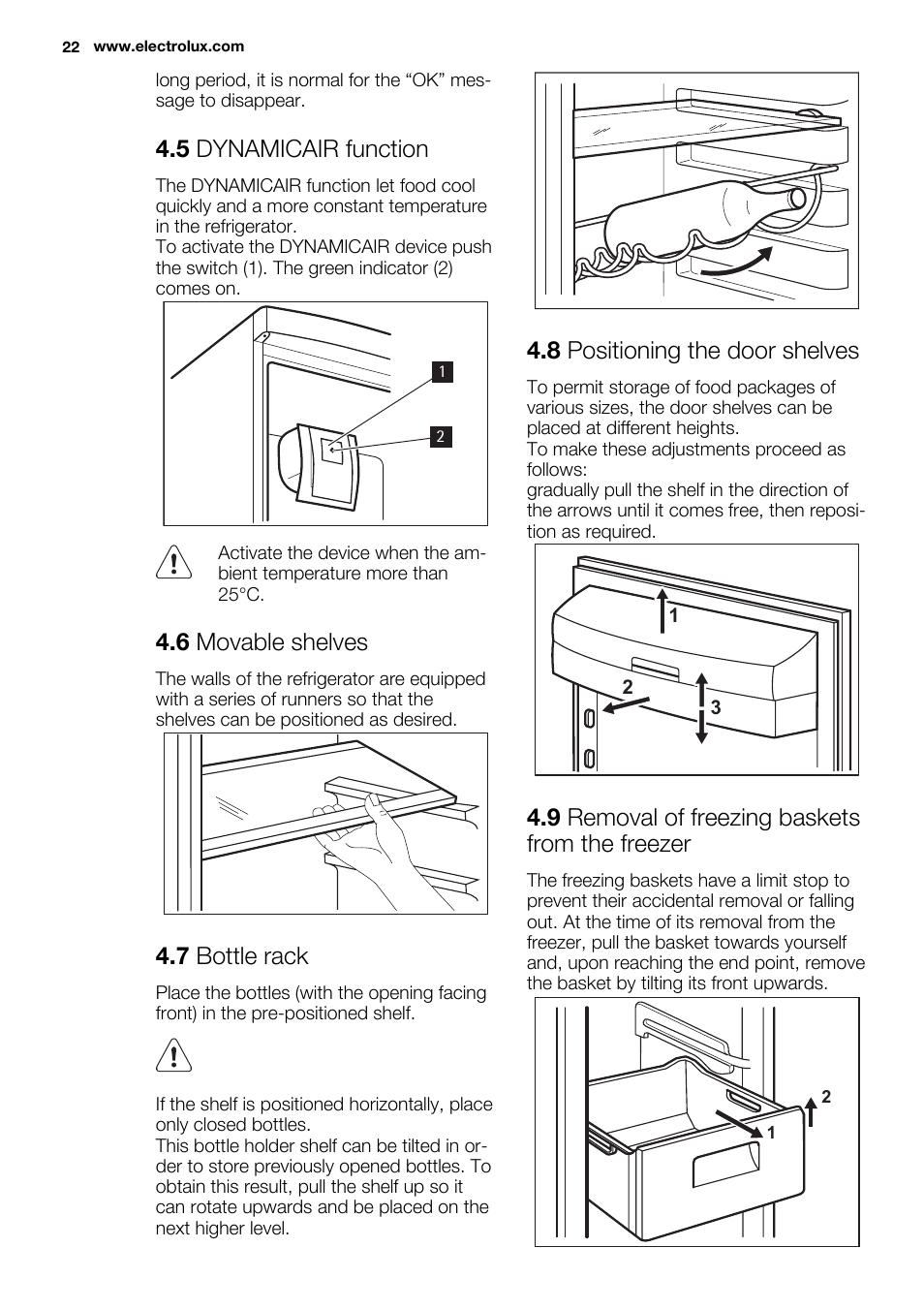 5 dynamicair function, 6 movable shelves, 7 bottle rack | 8 positioning the door shelves, 9 removal of freezing baskets from the freezer | Electrolux EN3450COW User Manual | Page 22 / 64