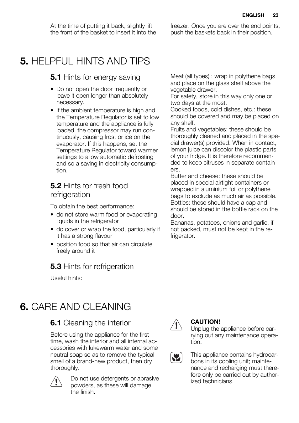 Helpful hints and tips, Care and cleaning, 1 hints for energy saving | 2 hints for fresh food refrigeration, 3 hints for refrigeration, 1 cleaning the interior | Electrolux EN3450COW User Manual | Page 23 / 64