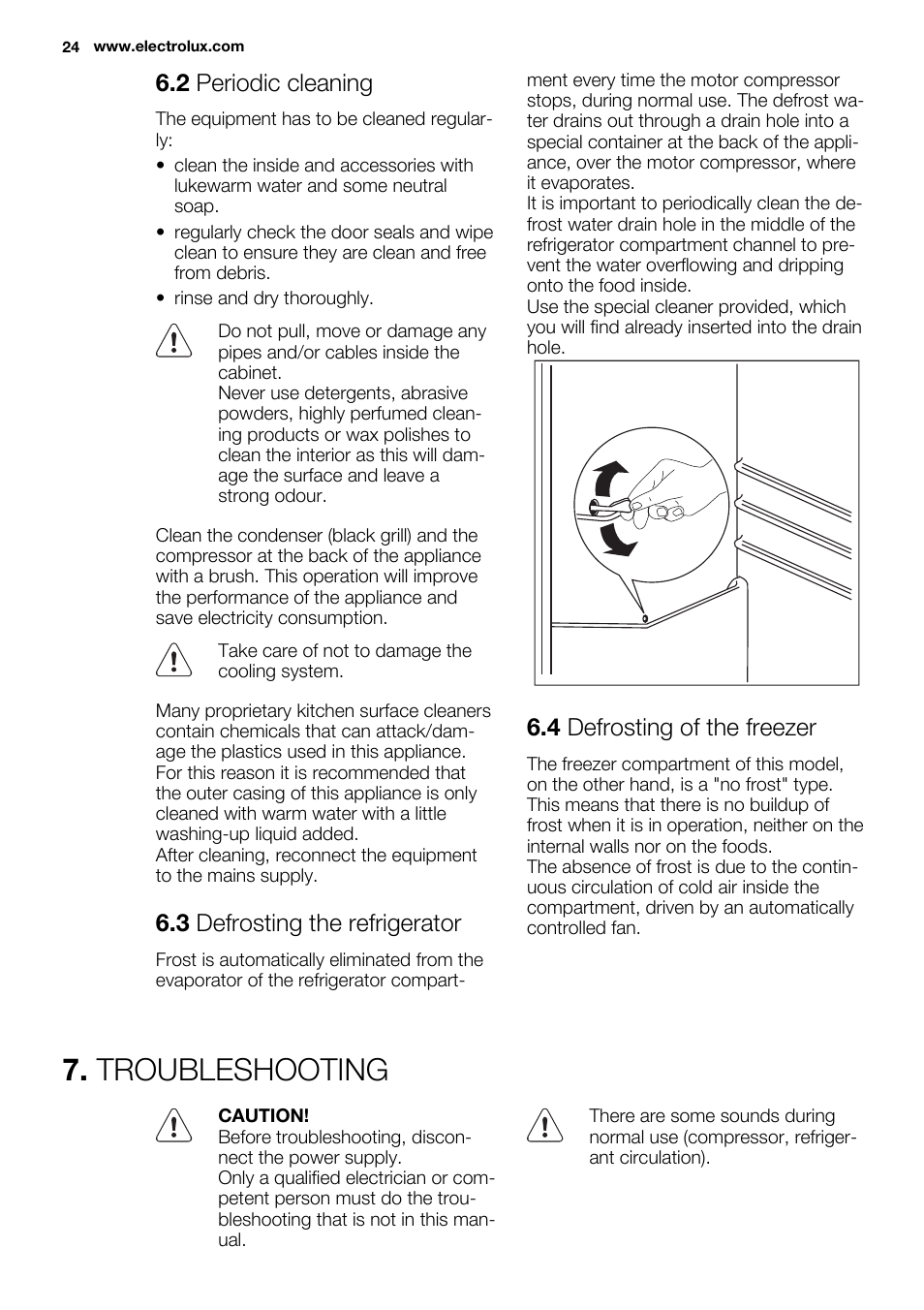 Troubleshooting, 2 periodic cleaning, 3 defrosting the refrigerator | 4 defrosting of the freezer | Electrolux EN3450COW User Manual | Page 24 / 64