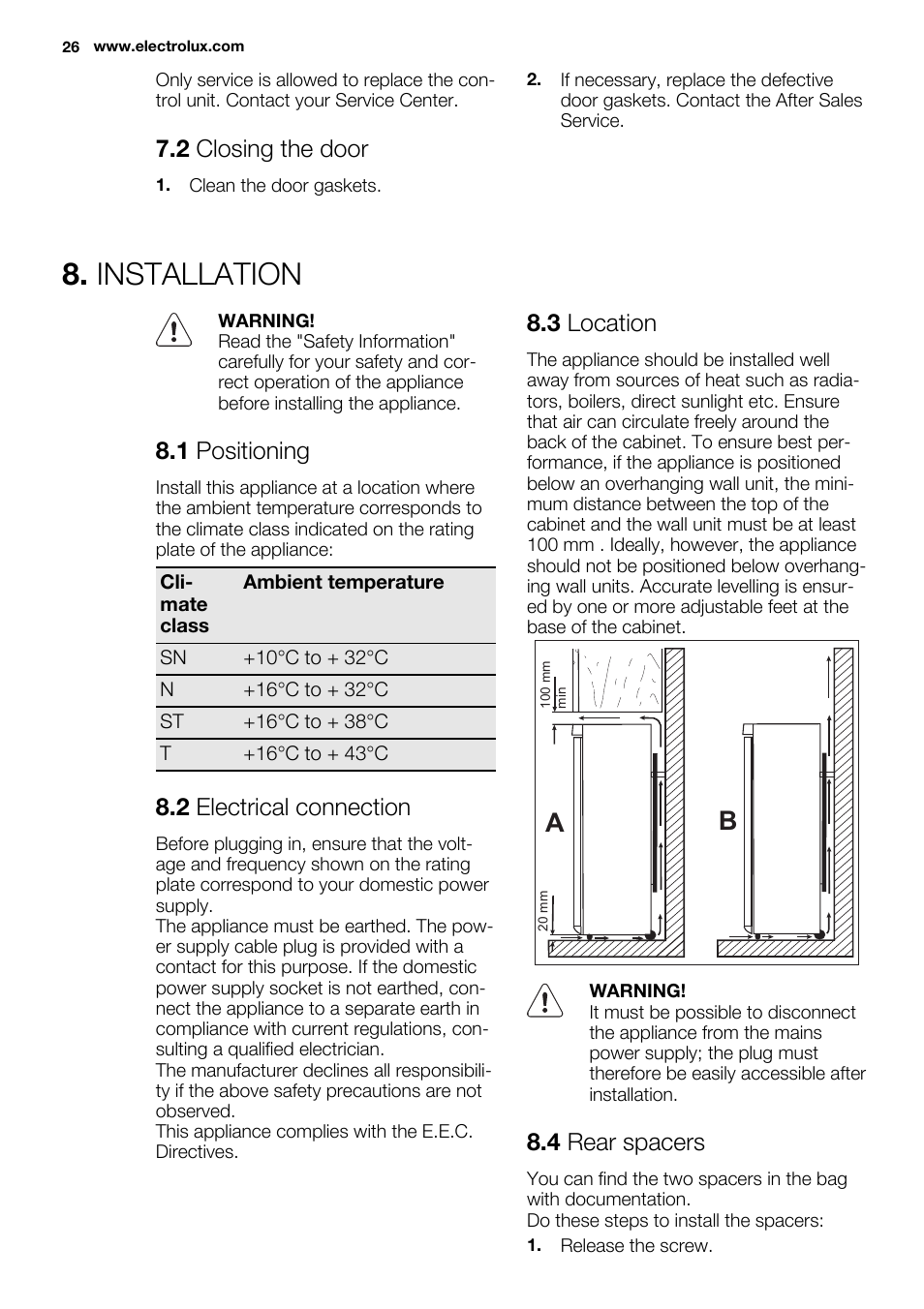 Installation, 2 closing the door, 1 positioning | 2 electrical connection, 3 location, 4 rear spacers | Electrolux EN3450COW User Manual | Page 26 / 64