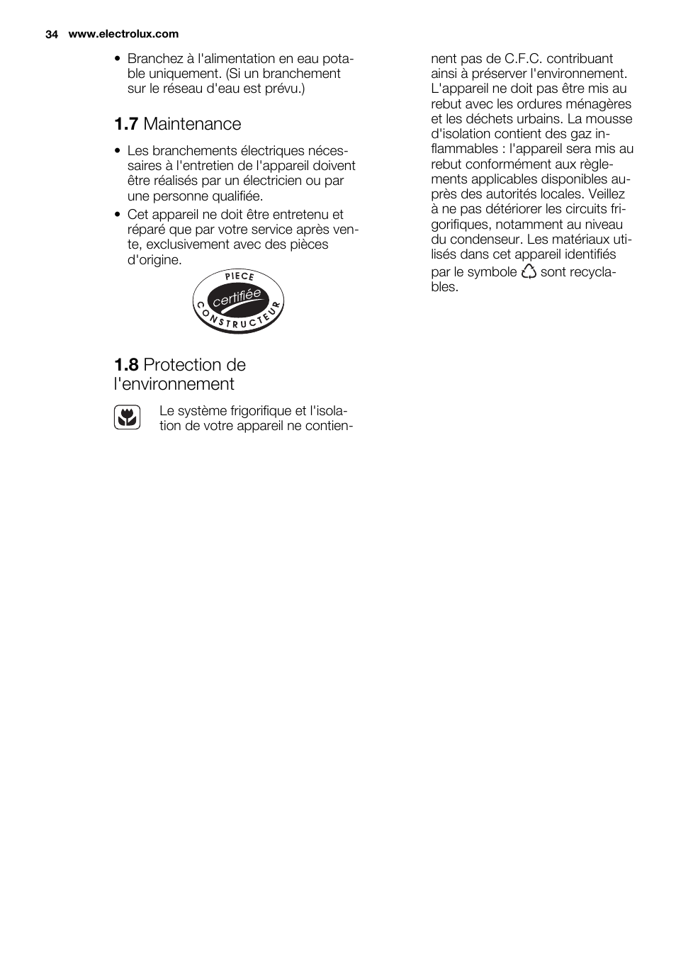 7 maintenance, 8 protection de l'environnement | Electrolux EN3450COW User Manual | Page 34 / 64