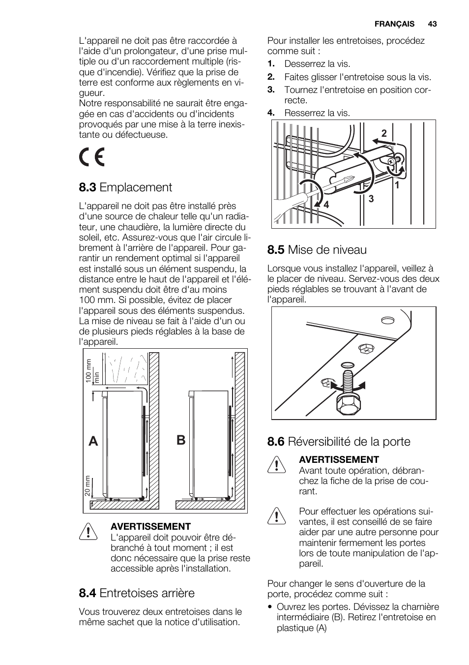 3 emplacement, 4 entretoises arrière, 5 mise de niveau | 6 réversibilité de la porte | Electrolux EN3450COW User Manual | Page 43 / 64