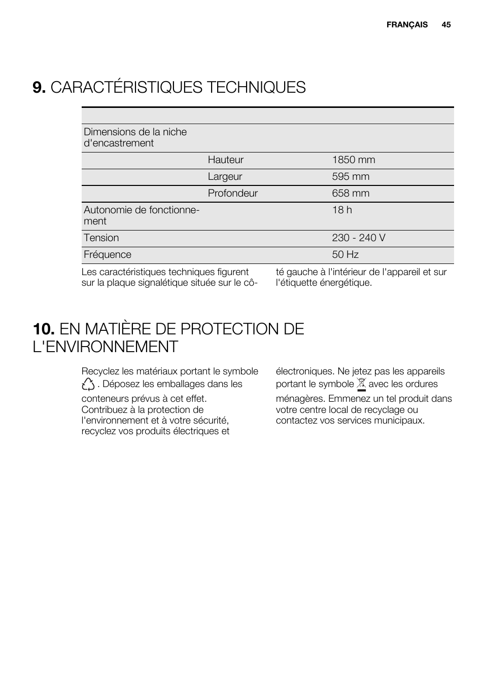 Caractéristiques techniques, En matière de protection de l'environnement | Electrolux EN3450COW User Manual | Page 45 / 64