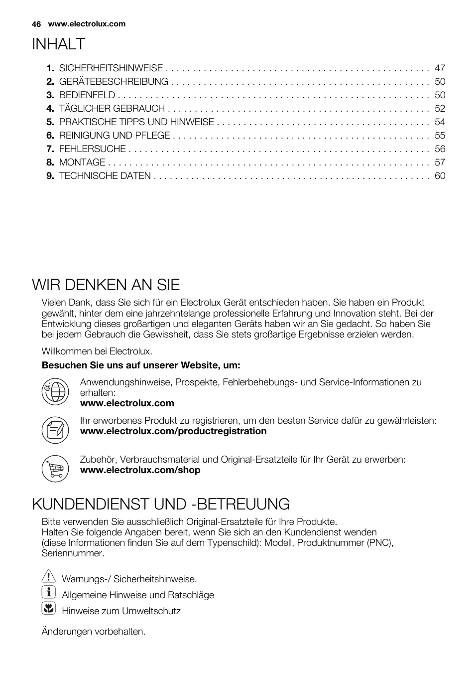 Inhalt, Wir denken an sie, Kundendienst und -betreuung | Electrolux EN3450COW User Manual | Page 46 / 64