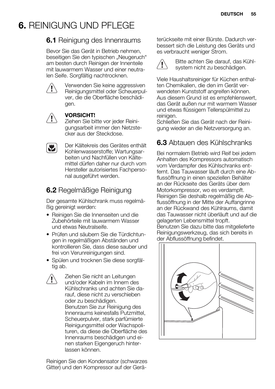 Reinigung und pflege, 1 reinigung des innenraums, 2 regelmäßige reinigung | 3 abtauen des kühlschranks | Electrolux EN3450COW User Manual | Page 55 / 64