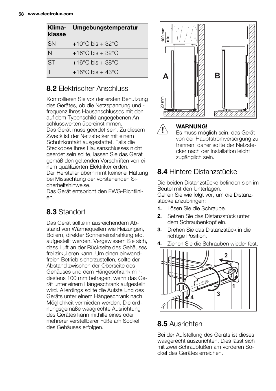 2 elektrischer anschluss, 3 standort, 4 hintere distanzstücke | 5 ausrichten | Electrolux EN3450COW User Manual | Page 58 / 64