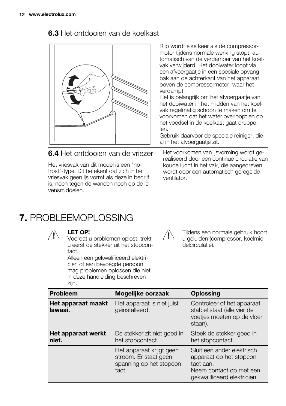 Probleemoplossing, 3 het ontdooien van de koelkast, 4 het ontdooien van de vriezer | Electrolux EN3450COX User Manual | Page 12 / 80