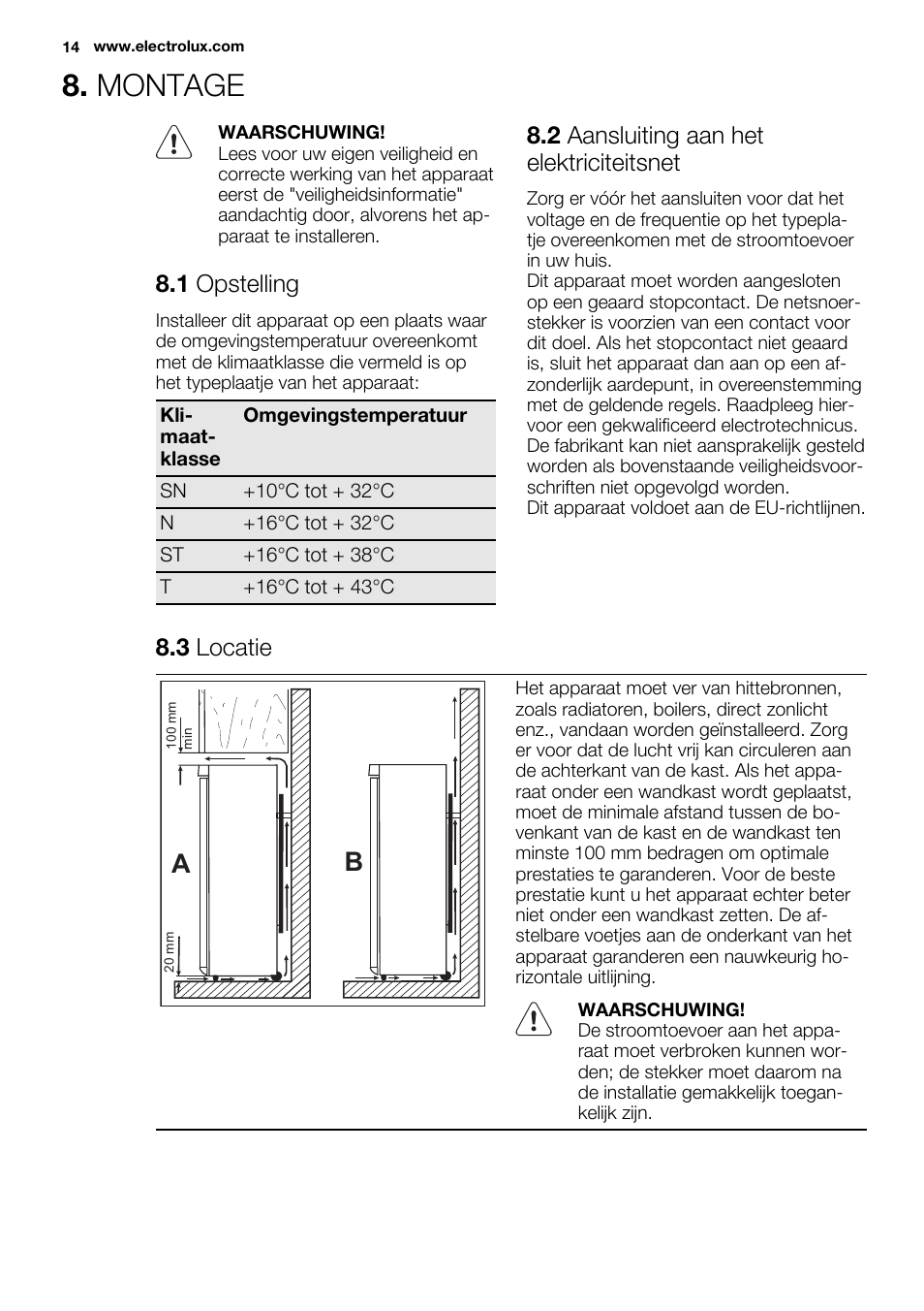 Montage, 1 opstelling, 2 aansluiting aan het elektriciteitsnet | 3 locatie | Electrolux EN3450COX User Manual | Page 14 / 80