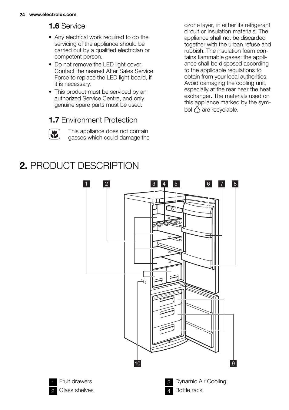 Product description, 6 service, 7 environment protection | Electrolux EN3450COX User Manual | Page 24 / 80