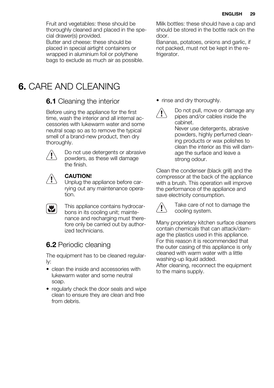 Care and cleaning, 1 cleaning the interior, 2 periodic cleaning | Electrolux EN3450COX User Manual | Page 29 / 80