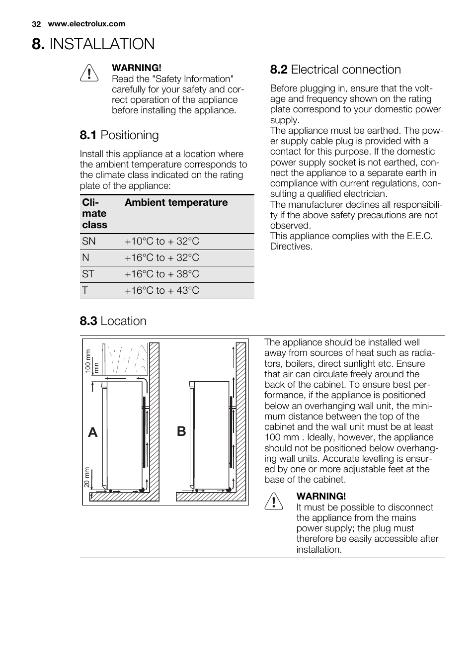 Installation, 1 positioning, 2 electrical connection | 3 location | Electrolux EN3450COX User Manual | Page 32 / 80
