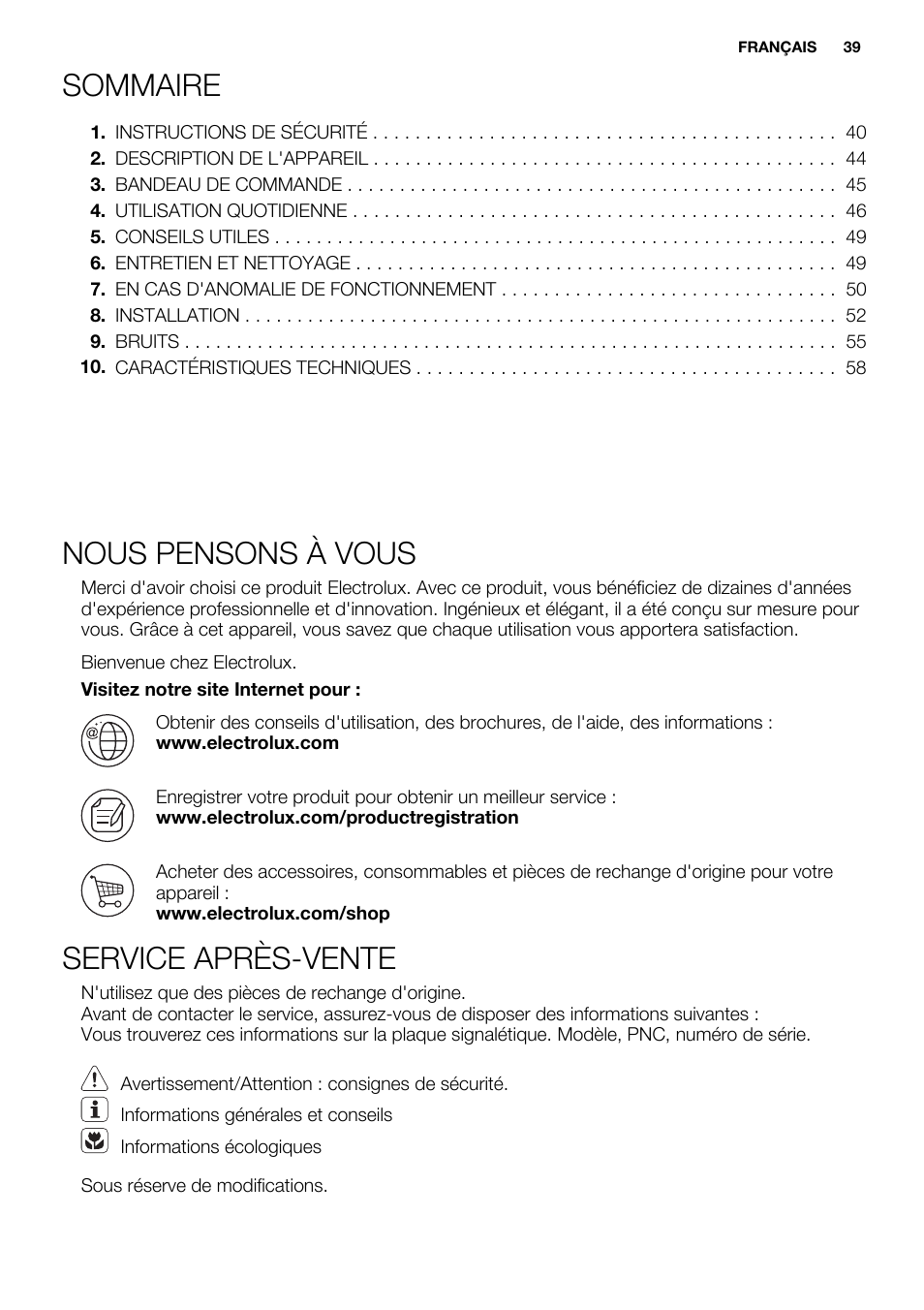 Sommaire, Nous pensons à vous, Service après-vente | Electrolux EN3450COX User Manual | Page 39 / 80