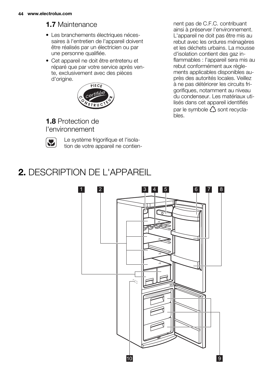 Description de l'appareil, 7 maintenance, 8 protection de l'environnement | Electrolux EN3450COX User Manual | Page 44 / 80