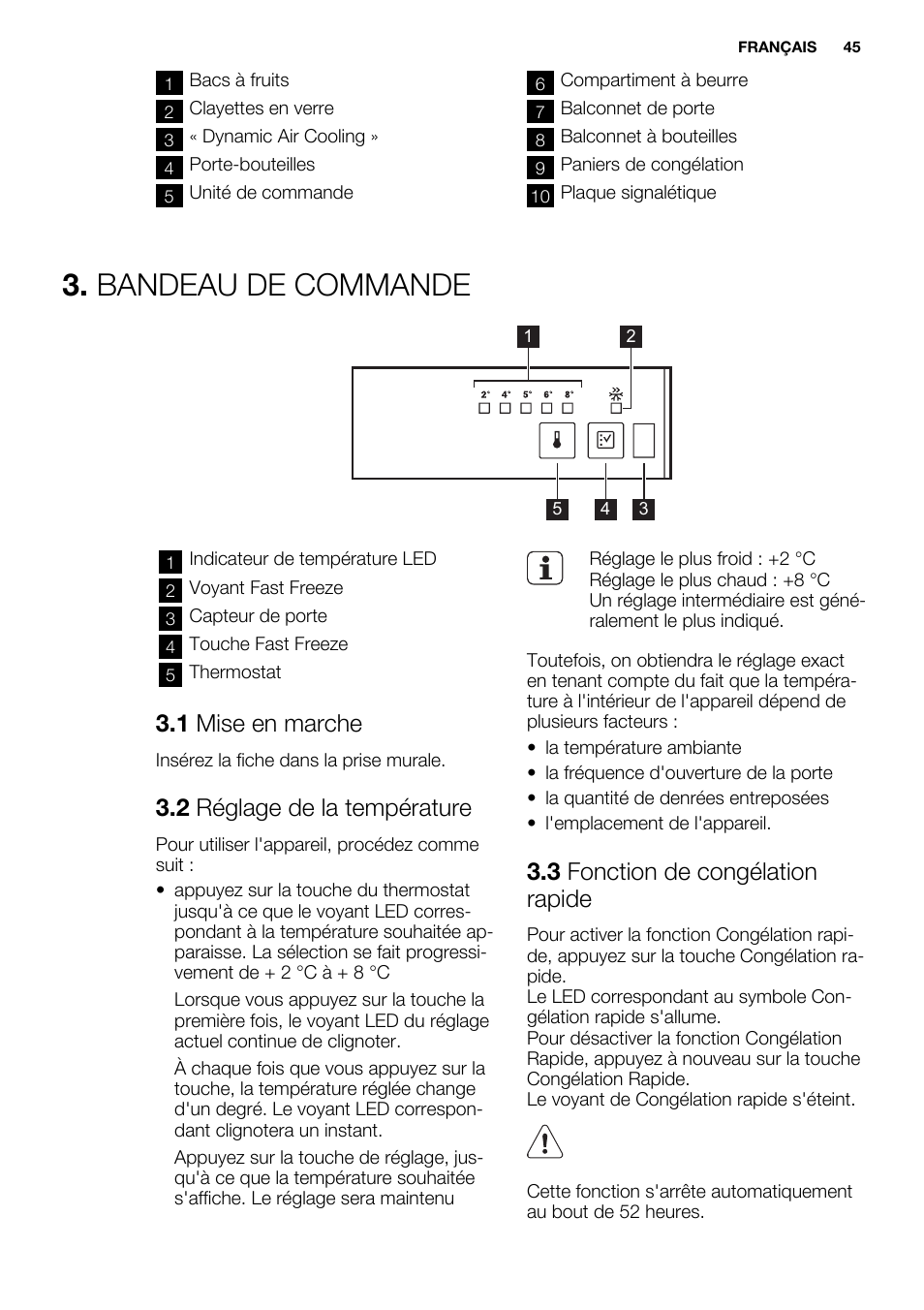 Bandeau de commande, 1 mise en marche, 2 réglage de la température | 3 fonction de congélation rapide | Electrolux EN3450COX User Manual | Page 45 / 80