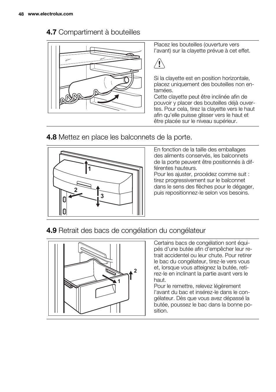 7 compartiment à bouteilles, 8 mettez en place les balconnets de la porte, 9 retrait des bacs de congélation du congélateur | Electrolux EN3450COX User Manual | Page 48 / 80