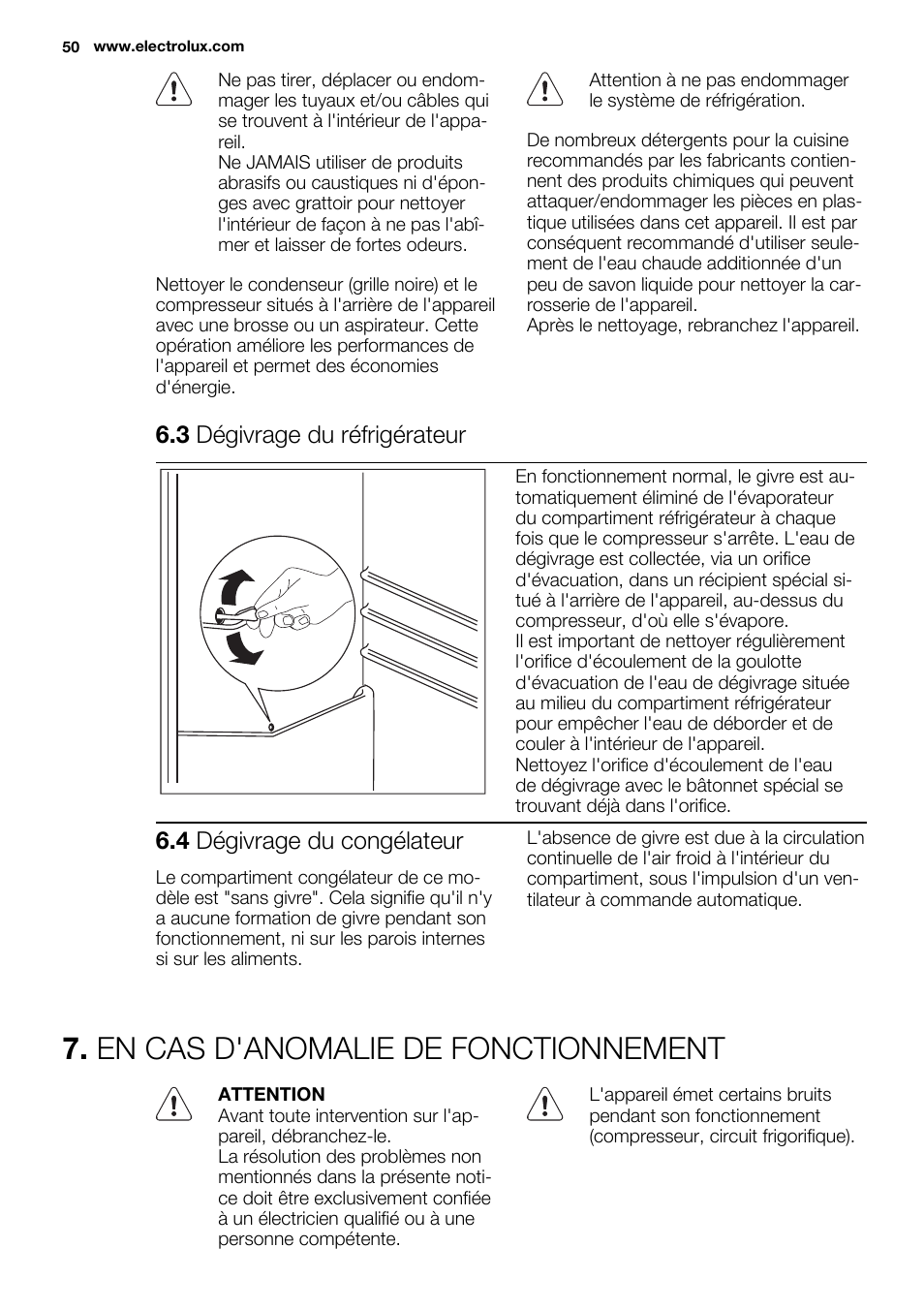 En cas d'anomalie de fonctionnement, 3 dégivrage du réfrigérateur, 4 dégivrage du congélateur | Electrolux EN3450COX User Manual | Page 50 / 80