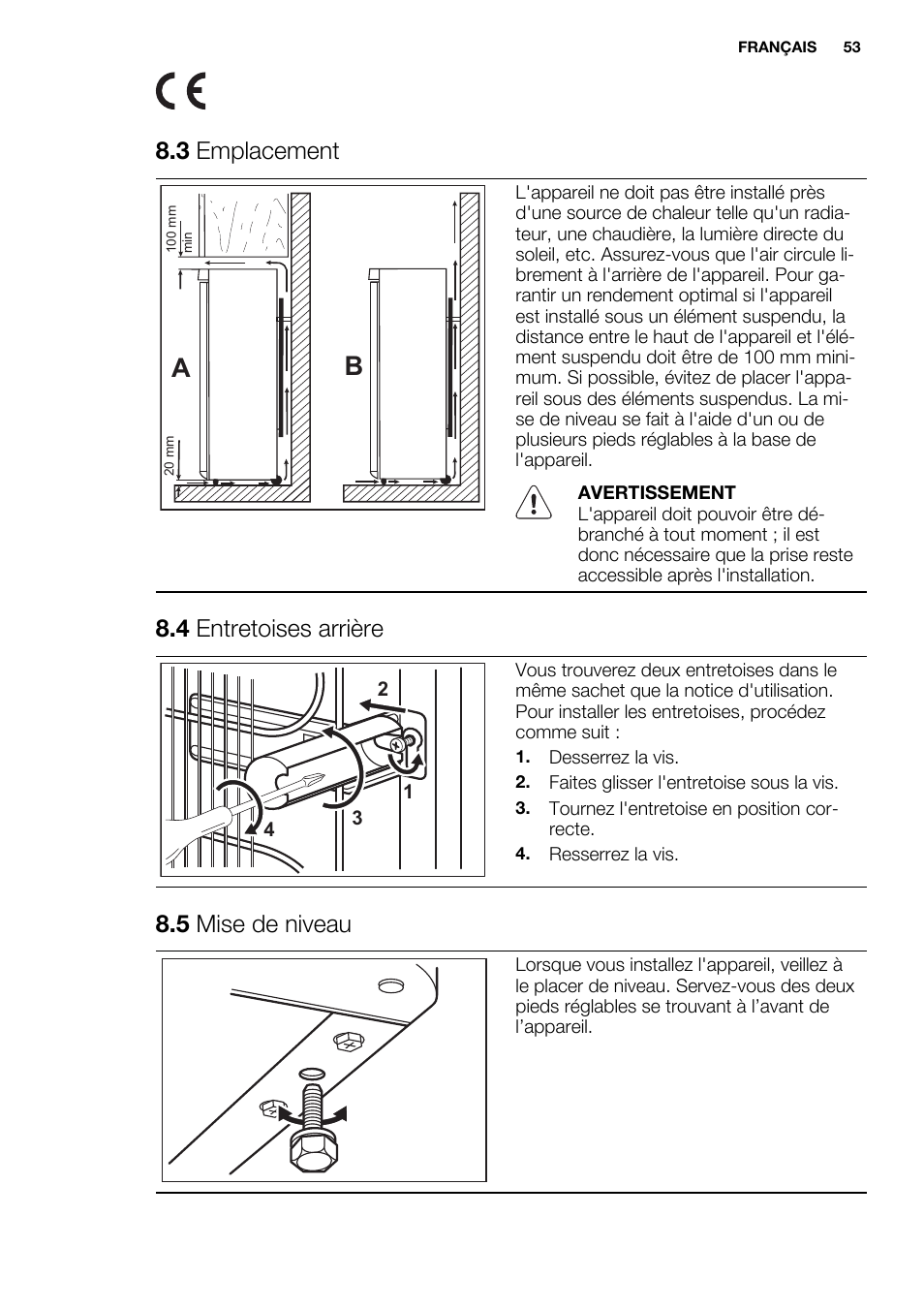 3 emplacement, 4 entretoises arrière, 5 mise de niveau | Electrolux EN3450COX User Manual | Page 53 / 80