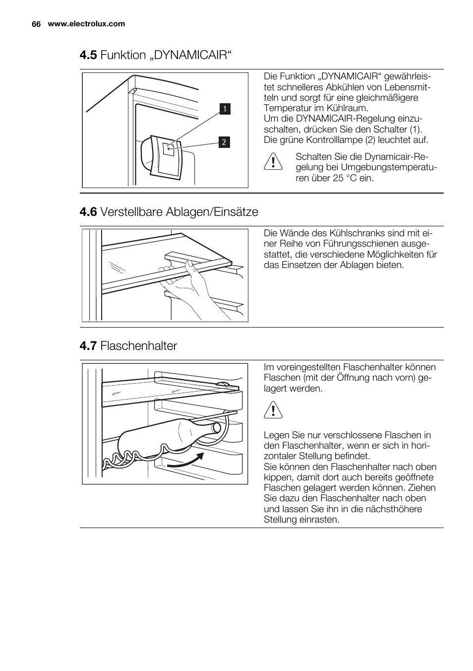 5 funktion „dynamicair, 6 verstellbare ablagen/einsätze, 7 flaschenhalter | Electrolux EN3450COX User Manual | Page 66 / 80