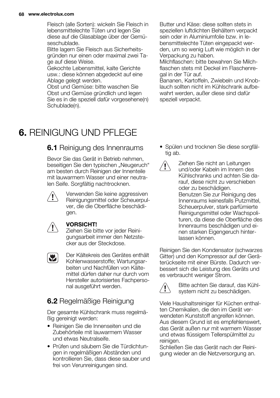 Reinigung und pflege, 1 reinigung des innenraums, 2 regelmäßige reinigung | Electrolux EN3450COX User Manual | Page 68 / 80