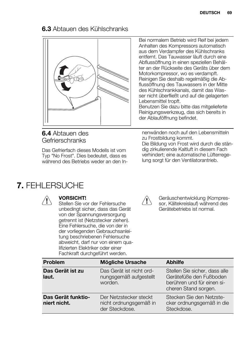 Fehlersuche, 3 abtauen des kühlschranks, 4 abtauen des gefrierschranks | Electrolux EN3450COX User Manual | Page 69 / 80