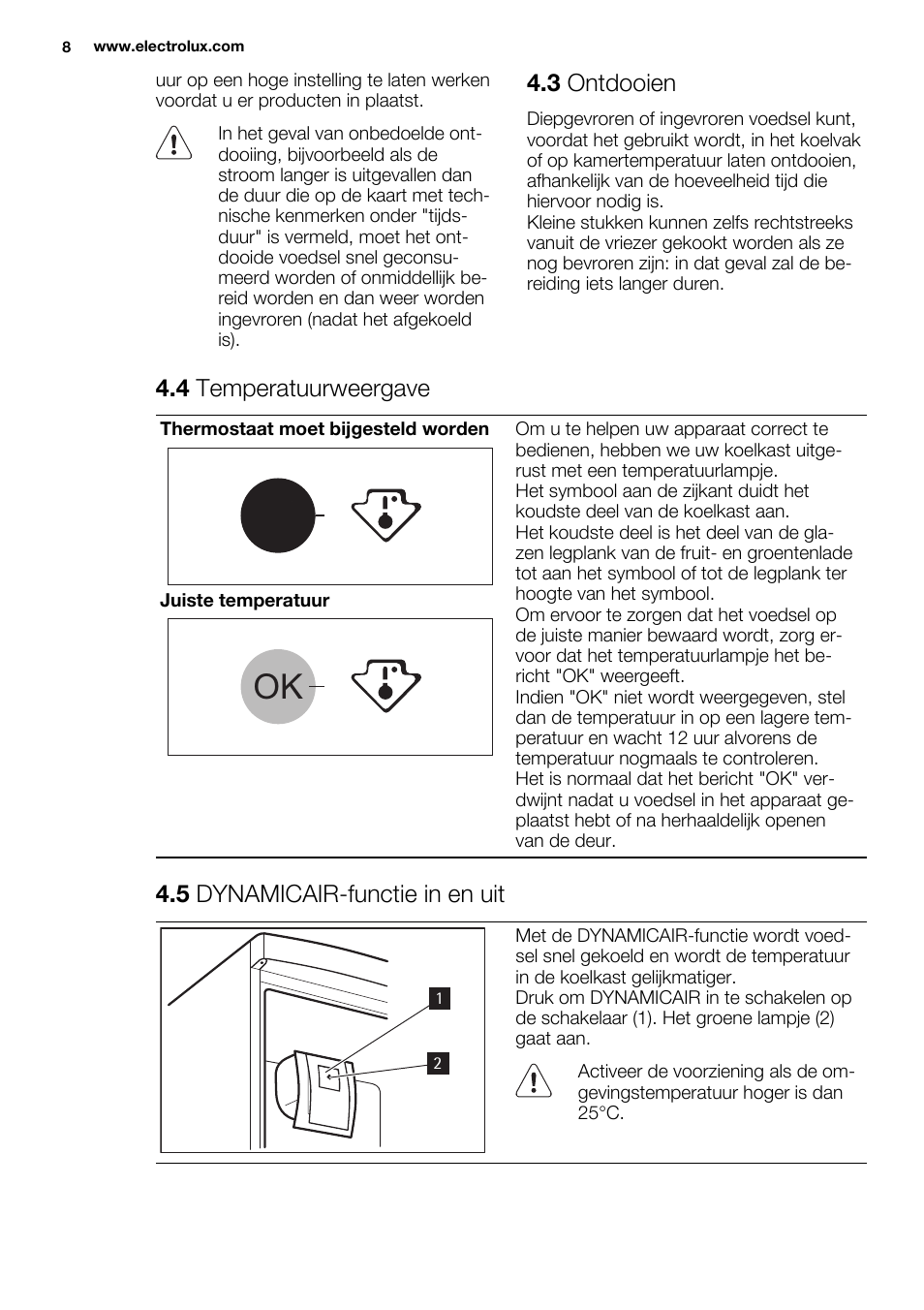 3 ontdooien, 4 temperatuurweergave, 5 dynamicair-functie in en uit | Electrolux EN3450COX User Manual | Page 8 / 80