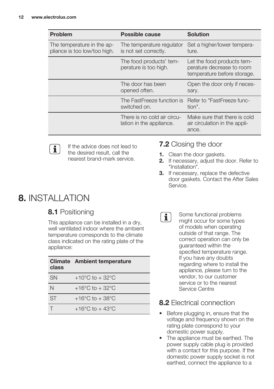 2 closing the door, Installation, 1 positioning | 2 electrical connection | Electrolux EUN2244AOW User Manual | Page 12 / 52