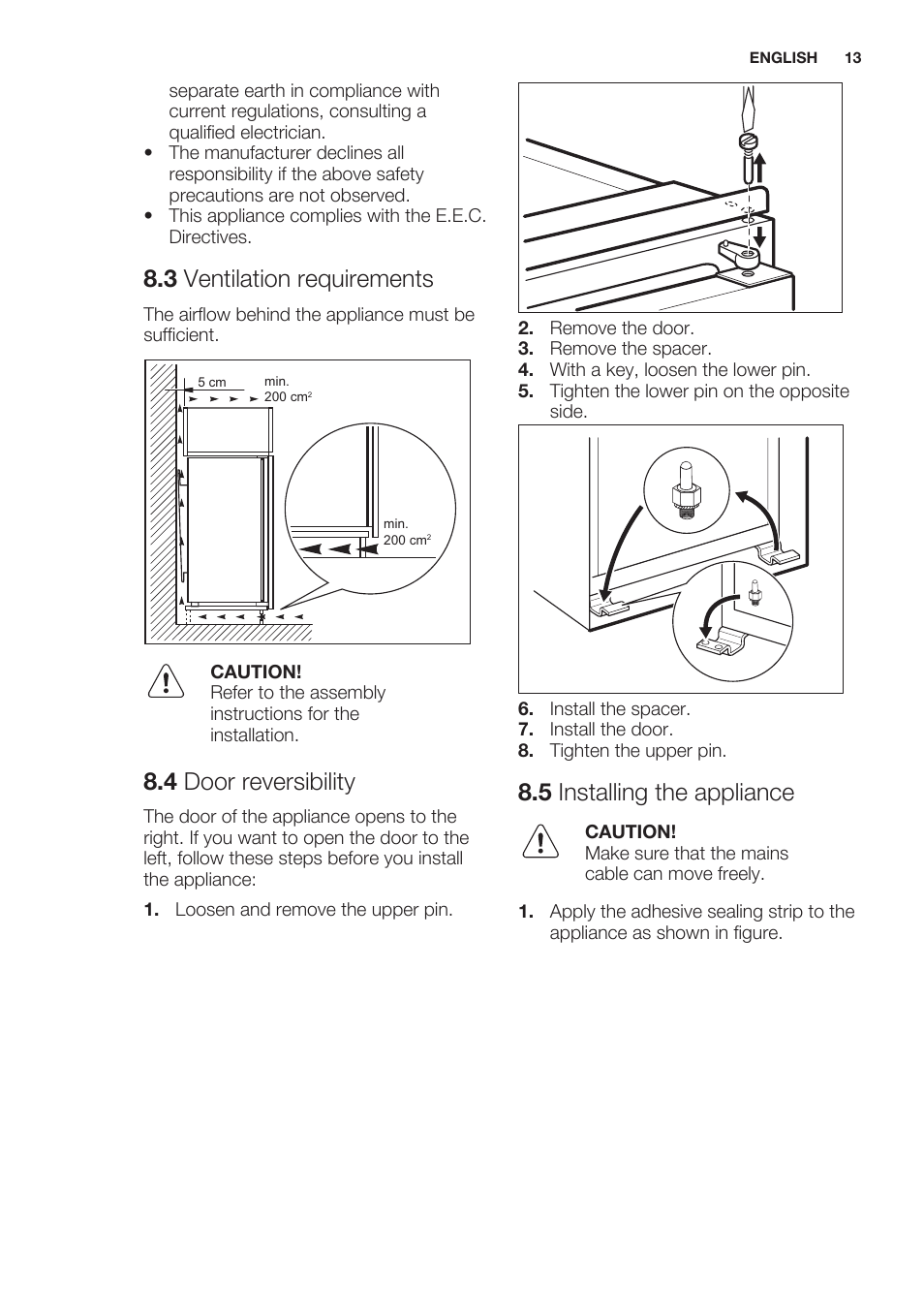 3 ventilation requirements, 4 door reversibility, 5 installing the appliance | Electrolux EUN2244AOW User Manual | Page 13 / 52