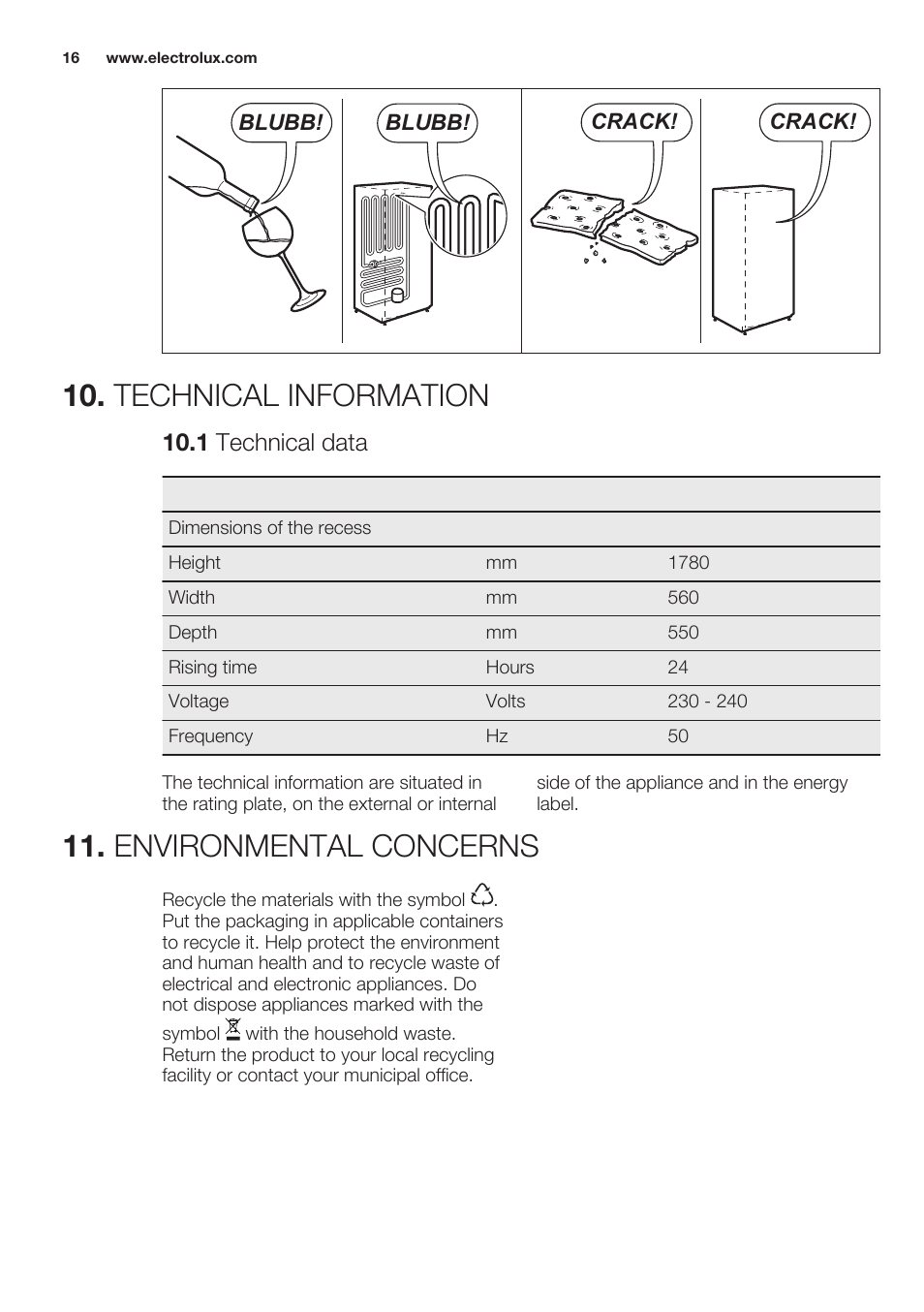 Technical information, 1 technical data, Environmental concerns | Electrolux EUN2244AOW User Manual | Page 16 / 52