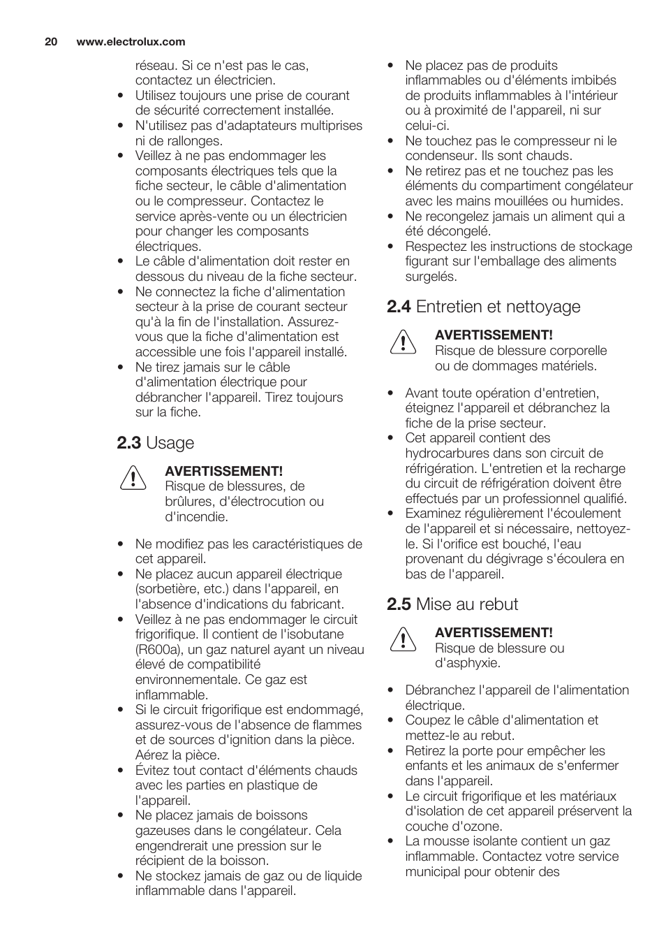 3 usage, 4 entretien et nettoyage, 5 mise au rebut | Electrolux EUN2244AOW User Manual | Page 20 / 52