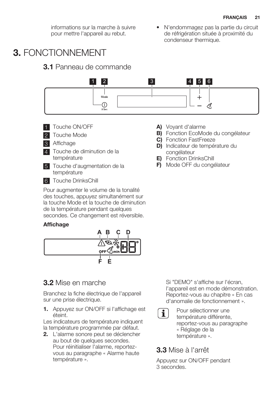 Fonctionnement, 1 panneau de commande, 2 mise en marche | 3 mise à l'arrêt | Electrolux EUN2244AOW User Manual | Page 21 / 52