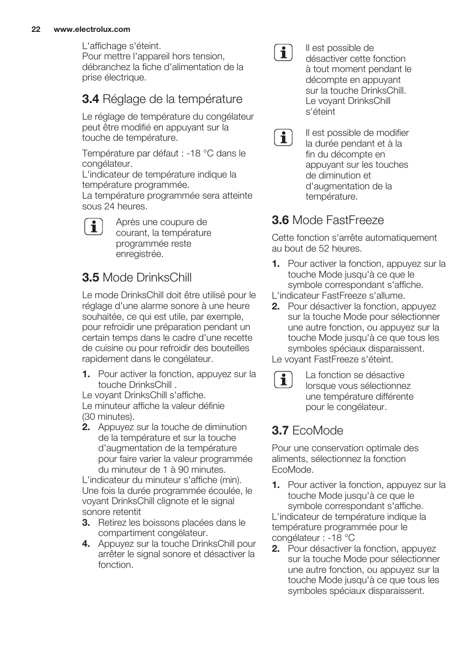 4 réglage de la température, 5 mode drinkschill, 6 mode fastfreeze | 7 ecomode | Electrolux EUN2244AOW User Manual | Page 22 / 52