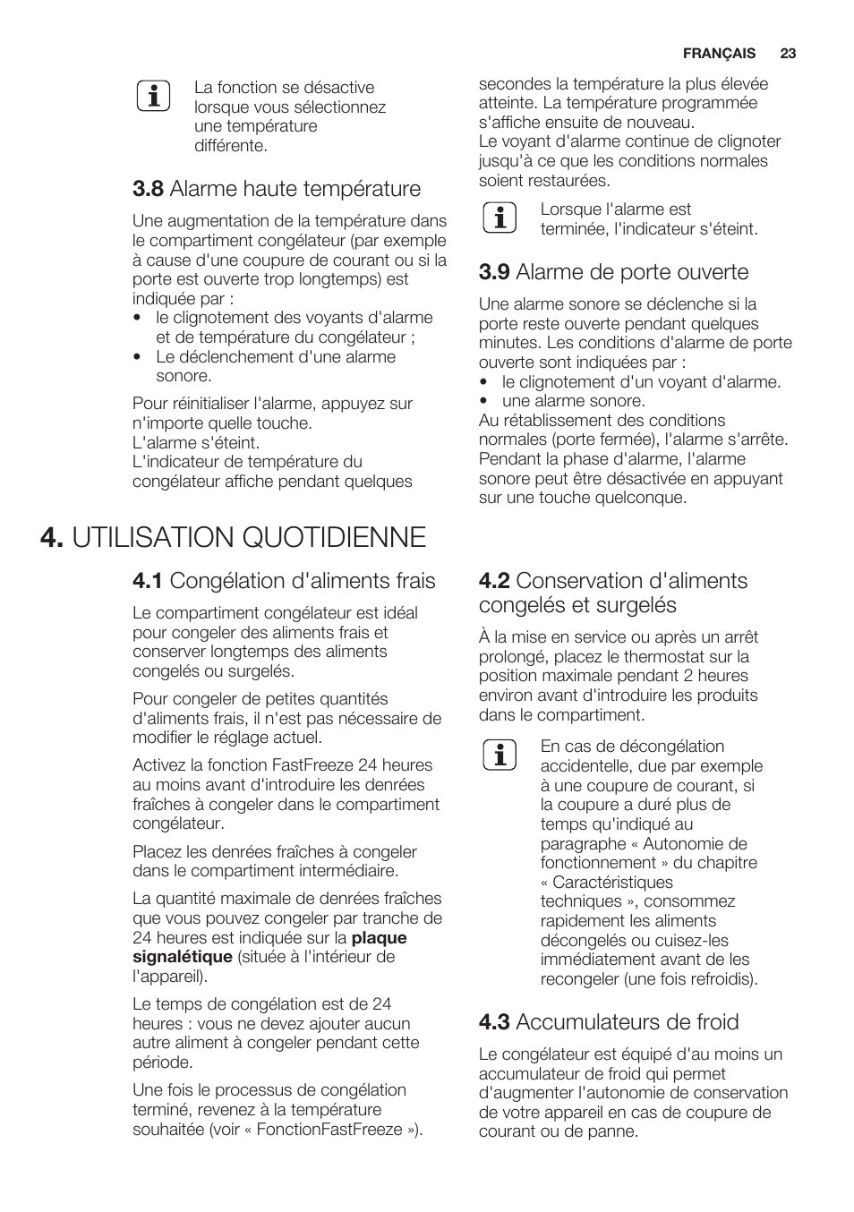 8 alarme haute température, 9 alarme de porte ouverte, Utilisation quotidienne | 1 congélation d'aliments frais, 2 conservation d'aliments congelés et surgelés, 3 accumulateurs de froid | Electrolux EUN2244AOW User Manual | Page 23 / 52